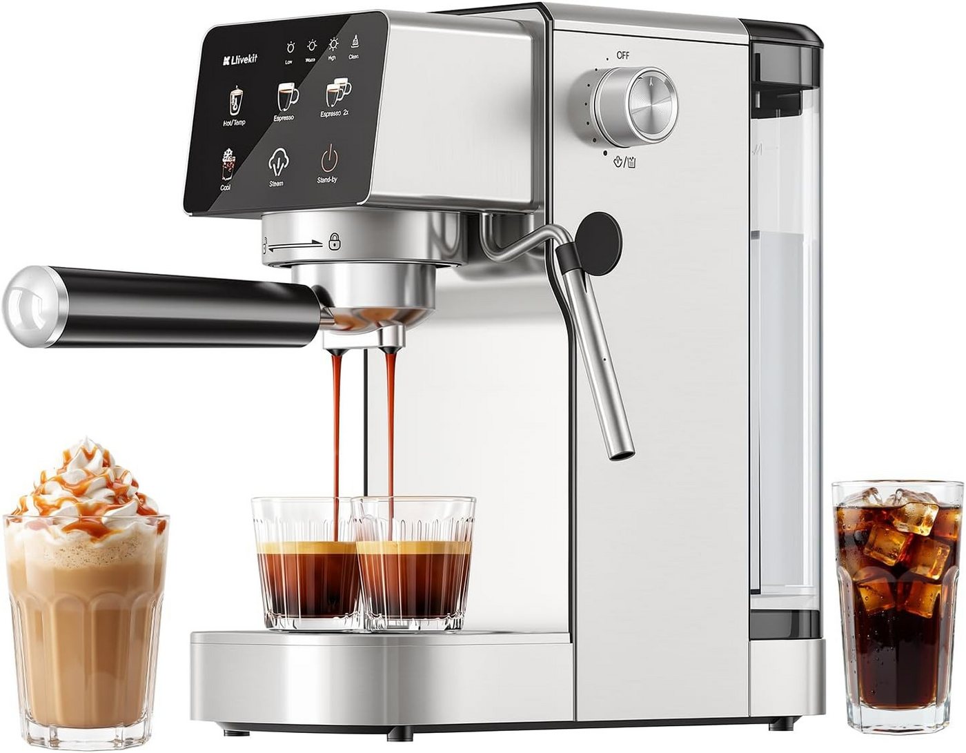 LLIVEKIT Siebträgermaschine, 20 Bar mit Milchaufschäumer, Kapsel & Kaffeepulver geeignet Bild 2