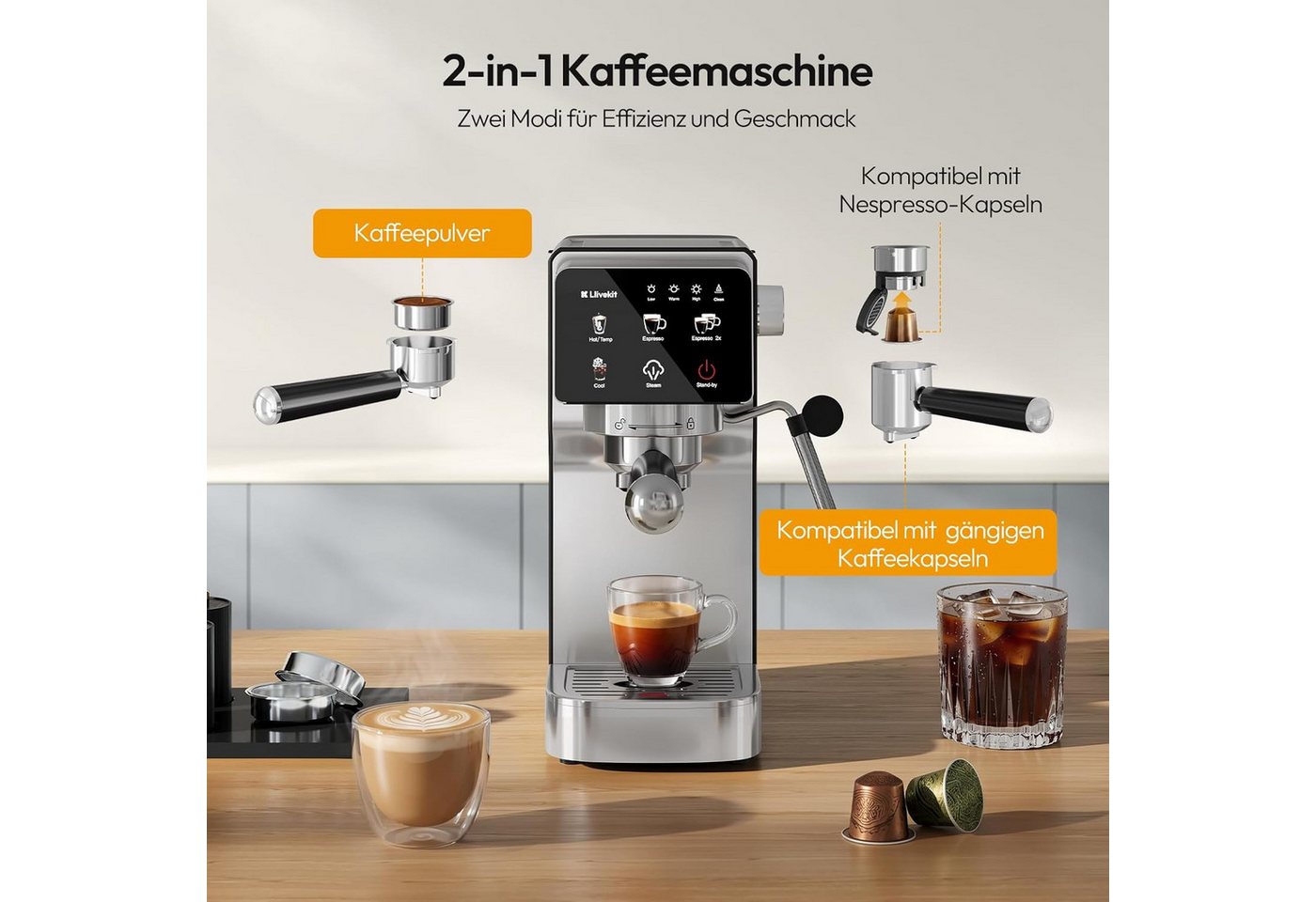 LLIVEKIT Siebträgermaschine, 20 Bar mit Milchaufschäumer, Kapsel & Kaffeepulver geeignet Bild 3