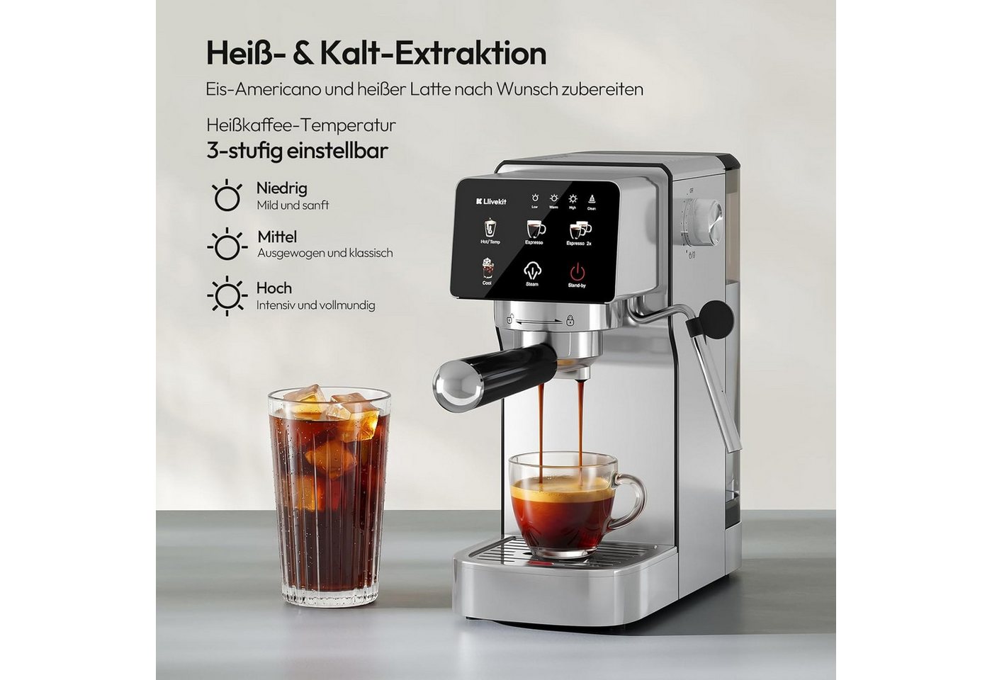 LLIVEKIT Siebträgermaschine, 20 Bar mit Milchaufschäumer, Kapsel & Kaffeepulver geeignet Bild 5