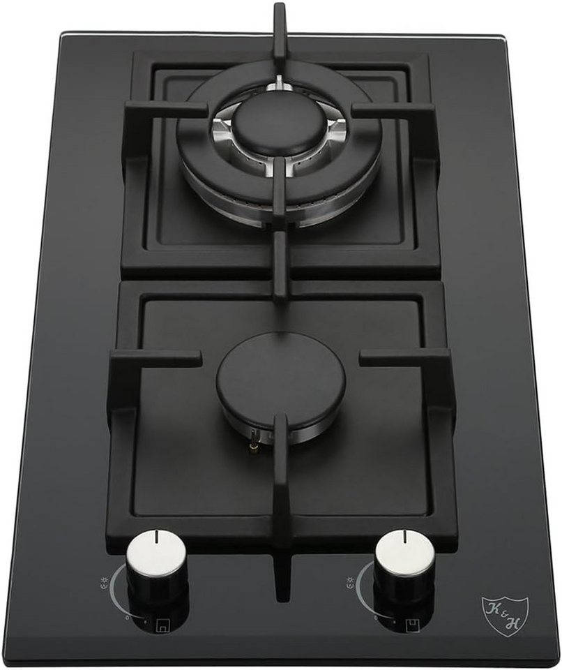 K&H Gas-Kochfeld K&H Domino 2 Zonen Glas Gaskochfeld 30cm Wok Brenner Erdgas Autark Eigebaut 2Z-KHGW, Erdgas, Flüssiggas, Sicherheitsglas, Autark