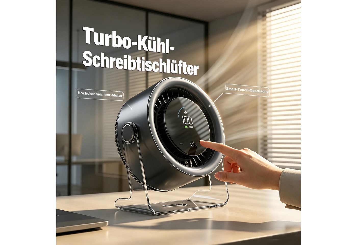 MOPUEA Tischventilator 100-stufiger leiser USB Tischventilator mit Akku & Display, 100 Stufen, leise, Akku 3000mAh, 120° Oszillation, Display