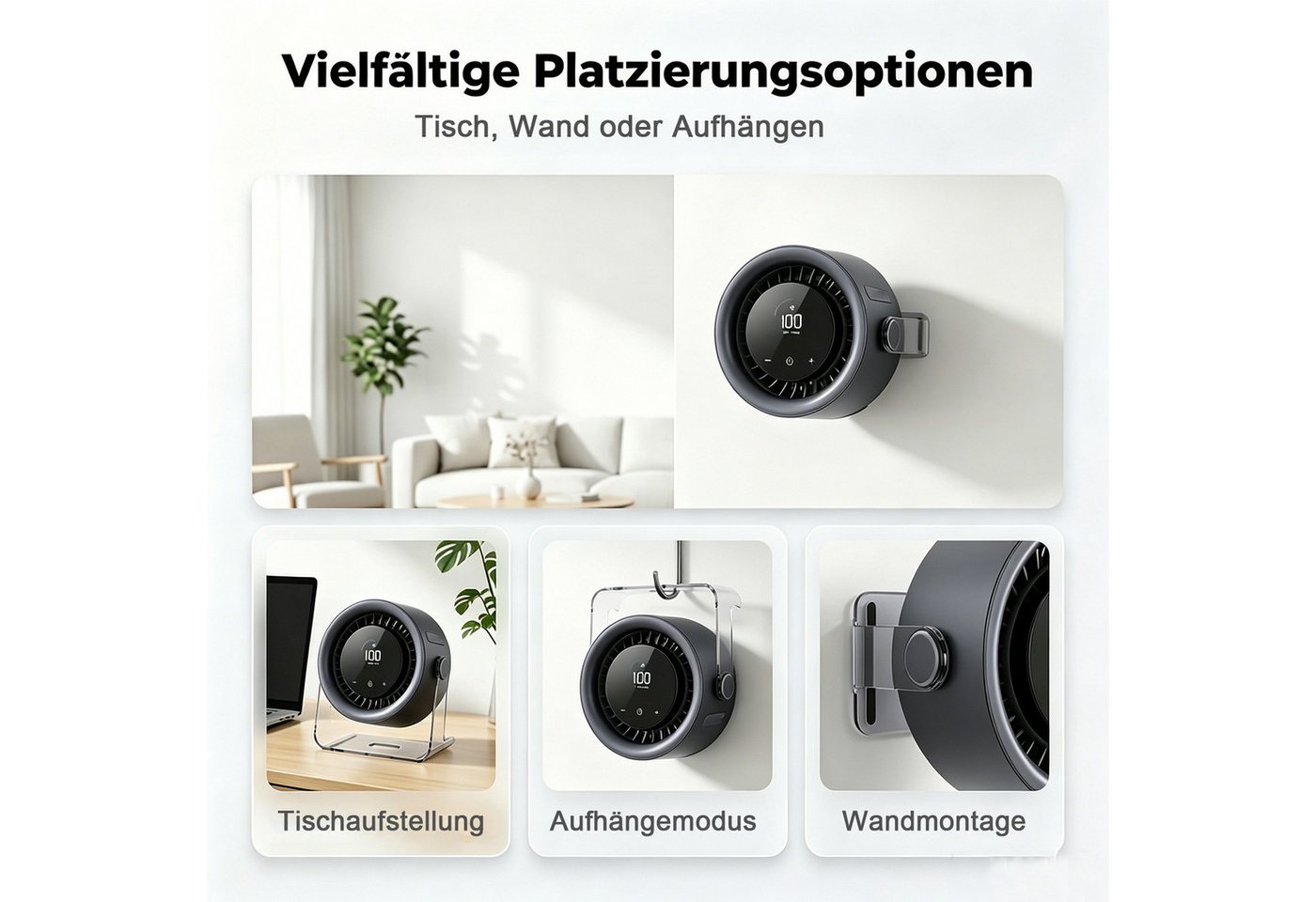 MOPUEA Tischventilator 100-stufiger leiser USB Tischventilator mit Akku & Display, 100 Stufen, leise, Akku 3000mAh, 120° Oszillation, Display Bild 2