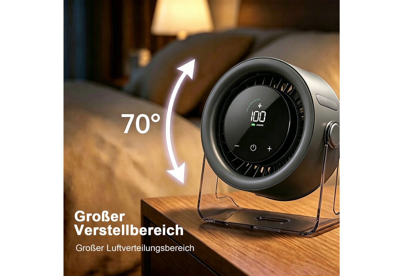 MOPUEA Tischventilator 100-stufiger leiser USB Tischventilator mit Akku & Display, 100 Stufen, leise, Akku 3000mAh, 120° Oszillation, Display Bild 3