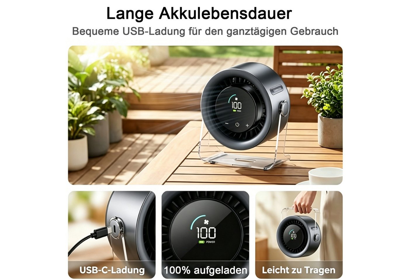 MOPUEA Tischventilator 100-stufiger leiser USB Tischventilator mit Akku & Display, 100 Stufen, leise, Akku 3000mAh, 120° Oszillation, Display Bild 5