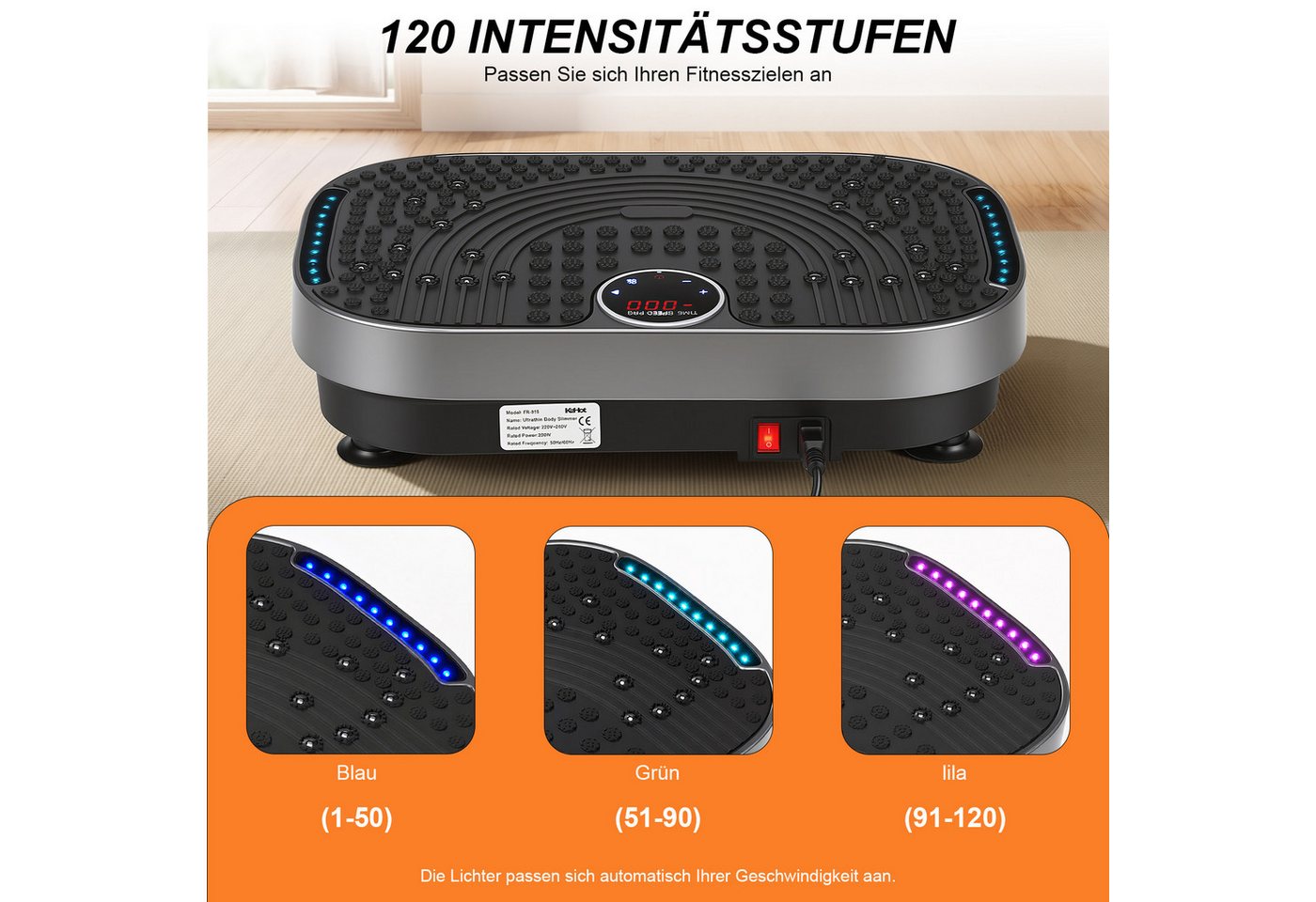 kehot Vibrationsplatte Vibrationsplatte mit Magnetmassage,Akupressur-Oberfläche,Fernbedienung, 200 W, 120 Intensitätsstufen, Mit LED-Lichteffekt, Trainingsbändern, Leises Ganzkörpertraining Bild 3