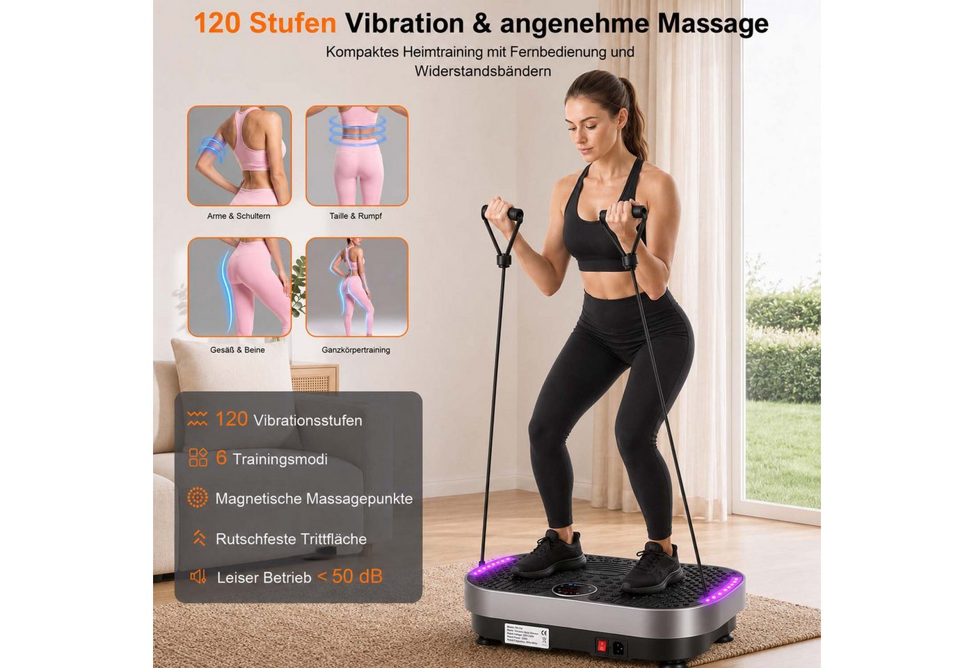 kehot Vibrationsplatte Vibrationsplatte mit Magnetmassage,Akupressur-Oberfläche,Fernbedienung, 200 W, 120 Intensitätsstufen, Mit LED-Lichteffekt, Trainingsbändern, Leises Ganzkörpertraining Bild 4