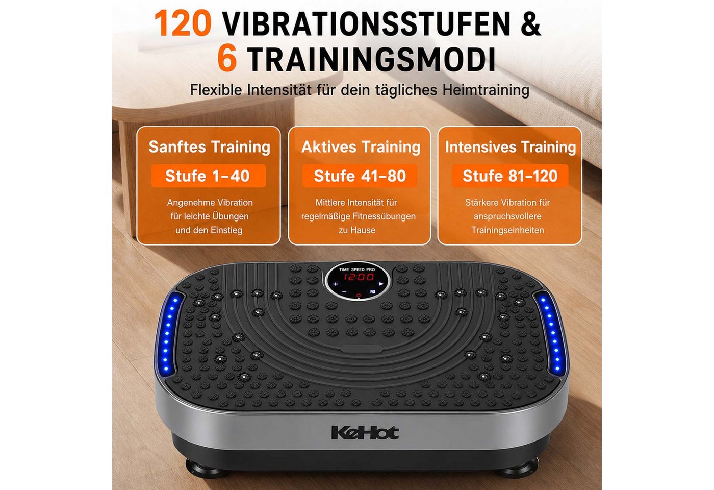 kehot Vibrationsplatte Vibrationsplatte mit Magnetmassage,Akupressur-Oberfläche,Fernbedienung, 200 W, 120 Intensitätsstufen, Mit LED-Lichteffekt, Trainingsbändern, Leises Ganzkörpertraining Bild 5