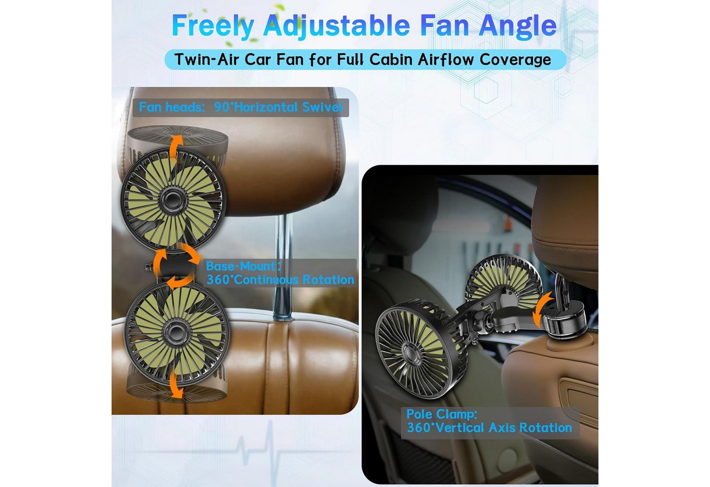 FELIXLEO Mini USB-Ventilator USB Auto Ventilator Rücksitz 360 Grad 3 Stufen Leise 12V KFZ Bild 3