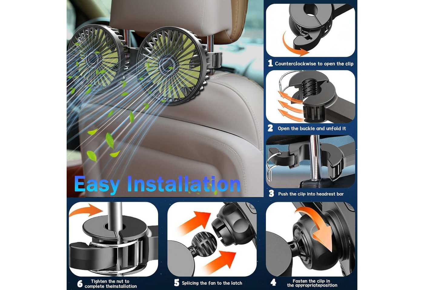 FELIXLEO Mini USB-Ventilator USB Auto Ventilator Rücksitz 360 Grad 3 Stufen Leise 12V KFZ Bild 4