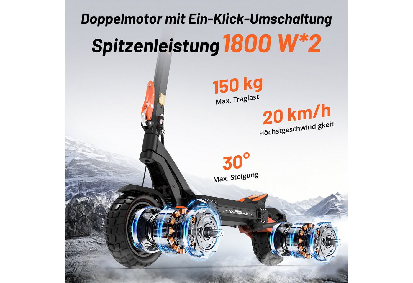 HITWAY E-Scooter H11 ABE, 2×1800W Doppelmotor, 10" mit Straßenzulassung Elektroroller, 20 km/h, (mit Schutzblech), bis zu 130km, NFC/Blinker/APP, Faltbar Bild 4