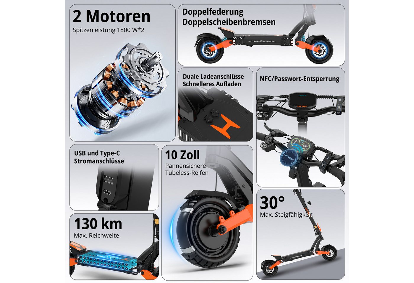 HITWAY E-Scooter H11 ABE, 2×1800W Doppelmotor, 10" mit Straßenzulassung Elektroroller, 20 km/h, (mit Schutzblech), bis zu 130km, NFC/Blinker/APP, Faltbar Bild 5