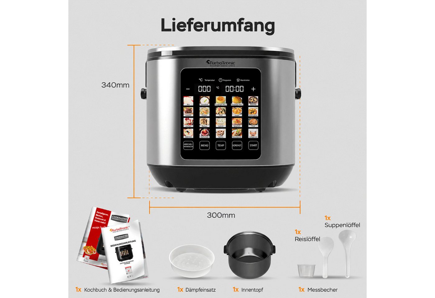 TurboTronic by Z-Line Multikocher elektrischer Dampf- und Schongarer Reiskocher Slow Cooker Silber, 860 W, 5 l Schüssel, 20in1 Schnellkochtopf perfekter Reis 5l Topf Keramikbeschichtung