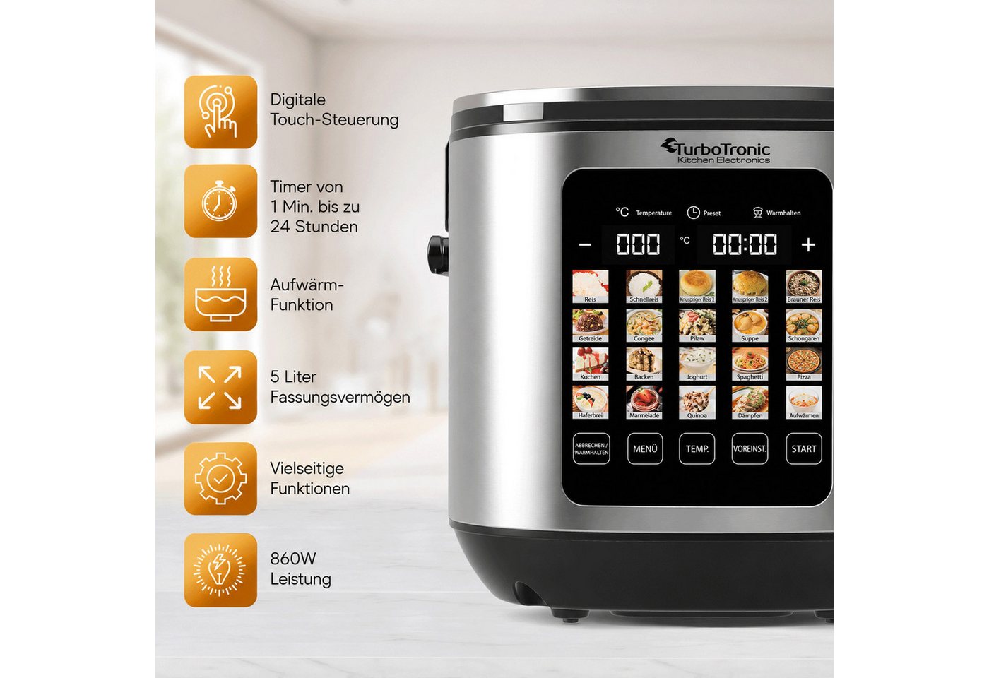 TurboTronic by Z-Line Multikocher elektrischer Dampf- und Schongarer Reiskocher Slow Cooker Silber, 860 W, 5 l Schüssel, 20in1 Schnellkochtopf perfekter Reis 5l Topf Keramikbeschichtung Bild 4