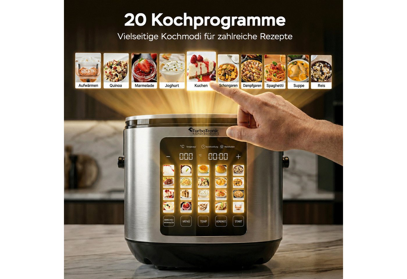 TurboTronic by Z-Line Multikocher elektrischer Dampf- und Schongarer Reiskocher Slow Cooker Silber, 860 W, 5 l Schüssel, 20in1 Schnellkochtopf perfekter Reis 5l Topf Keramikbeschichtung Bild 5