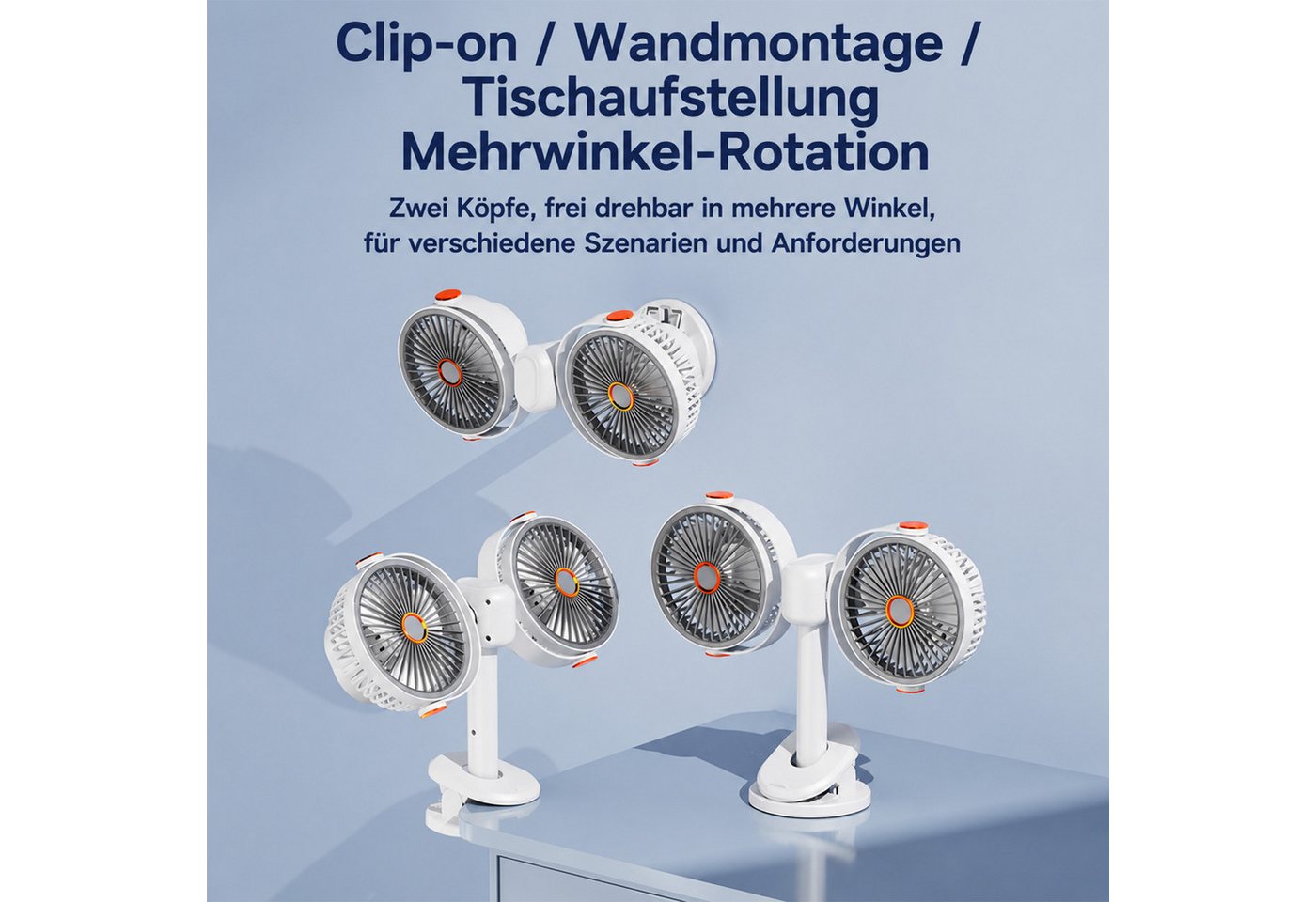MOPUEA Standventilator Standventilator Doppelkopf Clip Ventilator 360° leise 5Stufen Akku USB, Doppelkopf, 5 Stufen, 360° drehbar, leise, Clip, LED Nachtlicht Bild 5