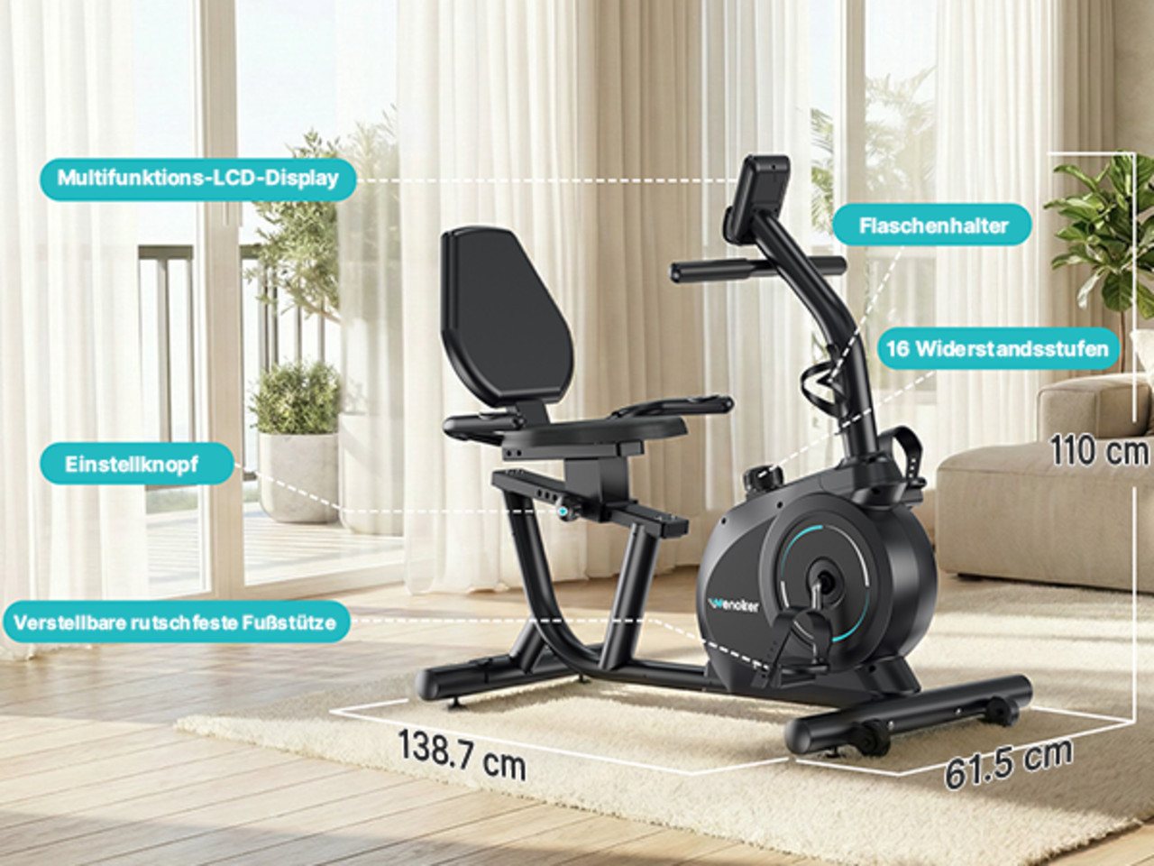 Wenoker Heimtrainer Liege-Heimtrainer mit 16-stufigem Magnetwiderstand (1-tlg., Leiser Betrieb, LCD-Display, Herzfrequenzsensor, Tablet-Halterung), Zwift-/Kinomap-Kompatibilität, verstellbarer Sitz, bis 160 kg