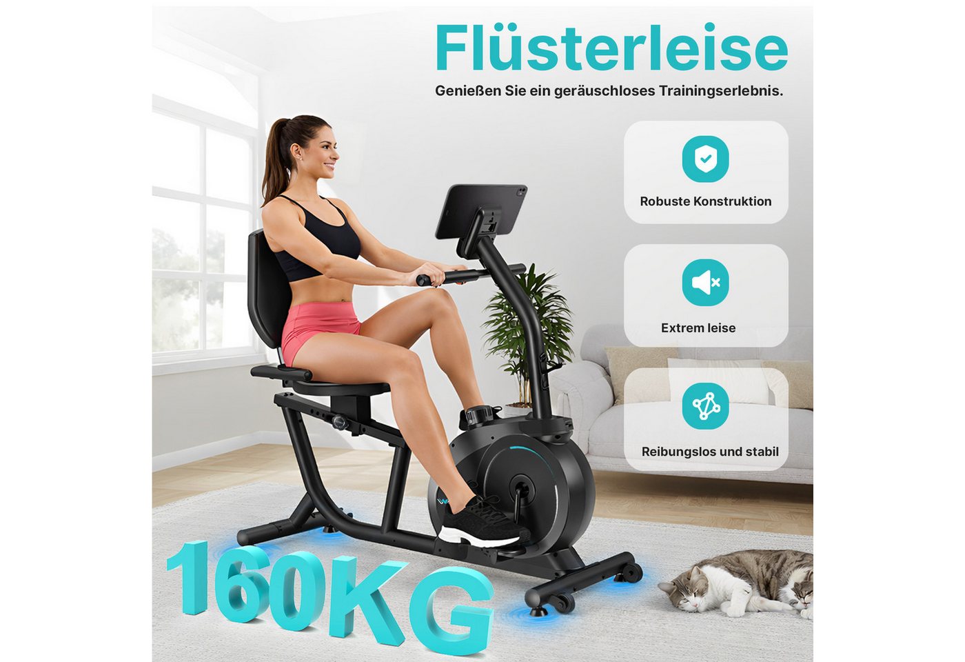 Wenoker Heimtrainer Liege-Heimtrainer mit 16-stufigem Magnetwiderstand (1-tlg., Leiser Betrieb, LCD-Display, Herzfrequenzsensor, Tablet-Halterung), Zwift-/Kinomap-Kompatibilität, verstellbarer Sitz, bis 160 kg Bild 2