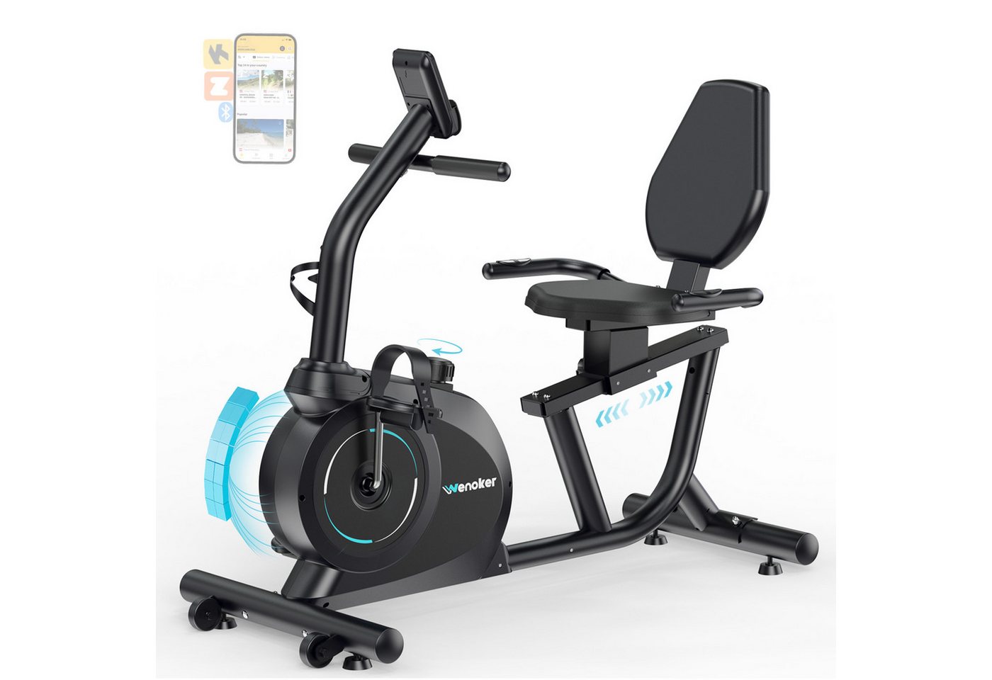 Wenoker Heimtrainer Liege-Heimtrainer mit 16-stufigem Magnetwiderstand (1-tlg., Leiser Betrieb, LCD-Display, Herzfrequenzsensor, Tablet-Halterung), Zwift-/Kinomap-Kompatibilität, verstellbarer Sitz, bis 160 kg Bild 3