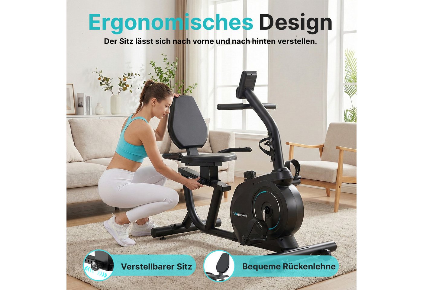 Wenoker Heimtrainer Liege-Heimtrainer mit 16-stufigem Magnetwiderstand (1-tlg., Leiser Betrieb, LCD-Display, Herzfrequenzsensor, Tablet-Halterung), Zwift-/Kinomap-Kompatibilität, verstellbarer Sitz, bis 160 kg Bild 4