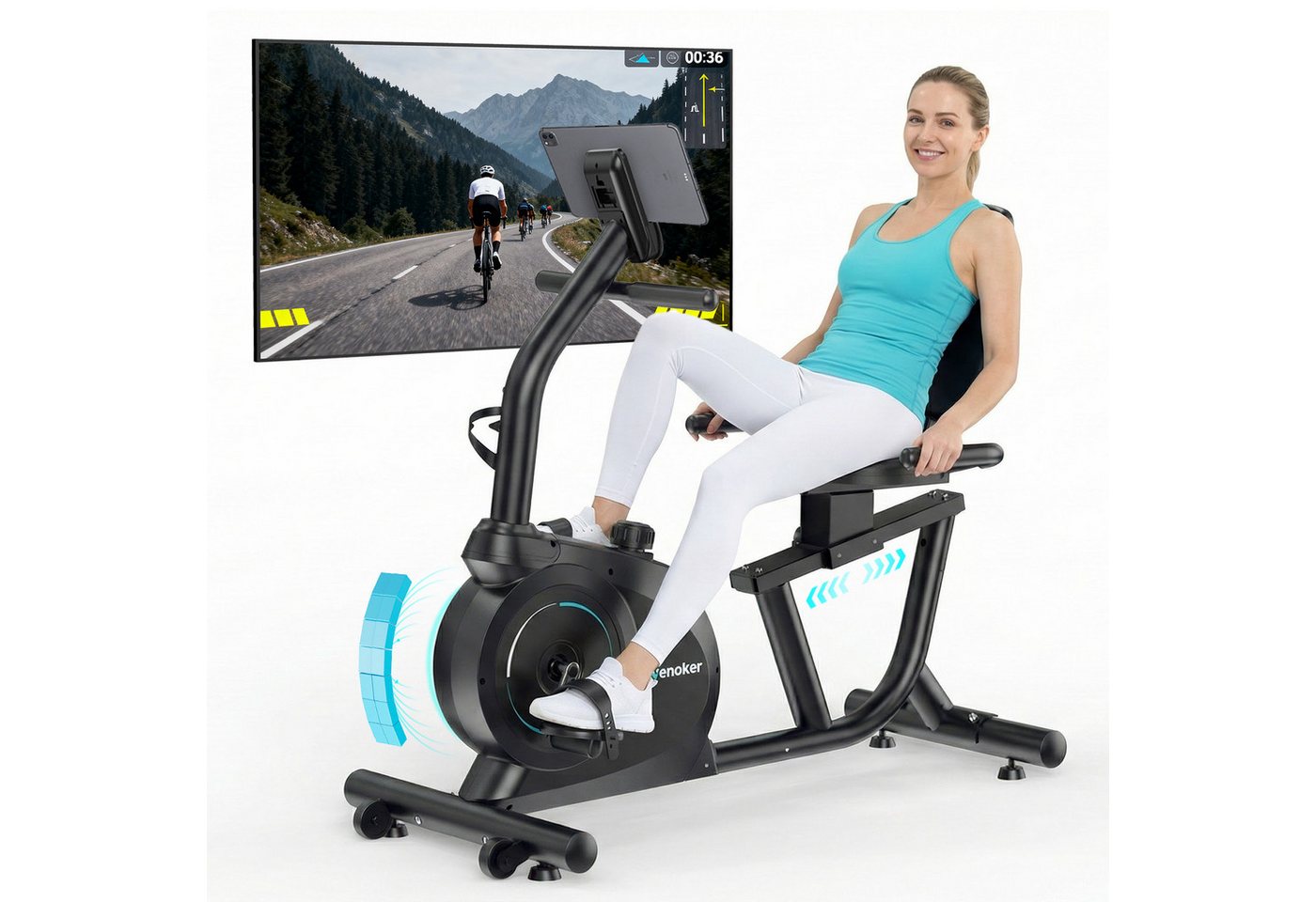 Wenoker Heimtrainer Liege-Heimtrainer mit 16-stufigem Magnetwiderstand (1-tlg., Leiser Betrieb, LCD-Display, Herzfrequenzsensor, Tablet-Halterung), Zwift-/Kinomap-Kompatibilität, verstellbarer Sitz, bis 160 kg Bild 5