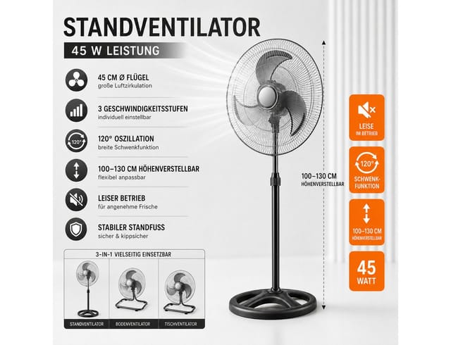 Ertex Standventilator BIG Standventilator 45W Ventilator 46 cm Höhe 130 cm, 3 in 1 STARK