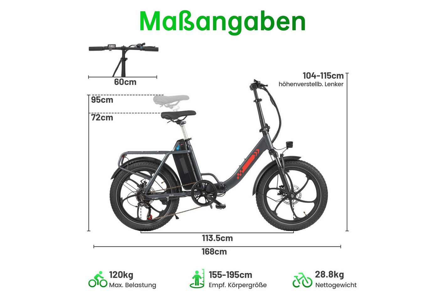 Vankel E-Bike Klapprad Faltbares E-Bikes E-Fahrrad Damen u. Herren 960WH Pedelec 48V 150 km, Kettenschaltung, Heckmotor, 960 Wh, 20x3'' Klapprad, Pedelec E-Citybike mit Tiefeinstieg, faltbar, E-bikes Bild 5