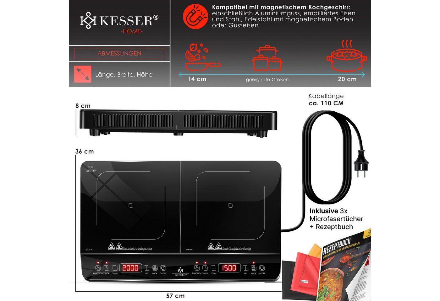 KESSER Einzelkochplatte Induktionskochplatte mit 8 Heizstufen 3x Mikrofasertücher & Rezeptbuch, tragbare Kochplatte 57cm mit Timer, Touch-Steuerung, Booster 220-240V