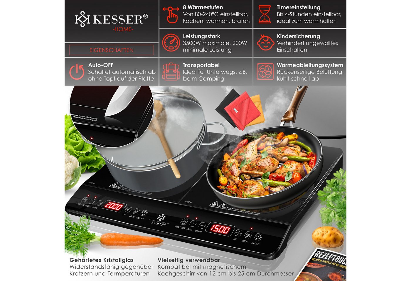 KESSER Einzelkochplatte Induktionskochplatte mit 8 Heizstufen 3x Mikrofasertücher & Rezeptbuch, tragbare Kochplatte 57cm mit Timer, Touch-Steuerung, Booster 220-240V Bild 2