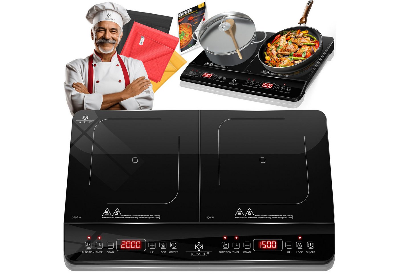 KESSER Einzelkochplatte Induktionskochplatte mit 8 Heizstufen 3x Mikrofasertücher & Rezeptbuch, tragbare Kochplatte 57cm mit Timer, Touch-Steuerung, Booster 220-240V Bild 3