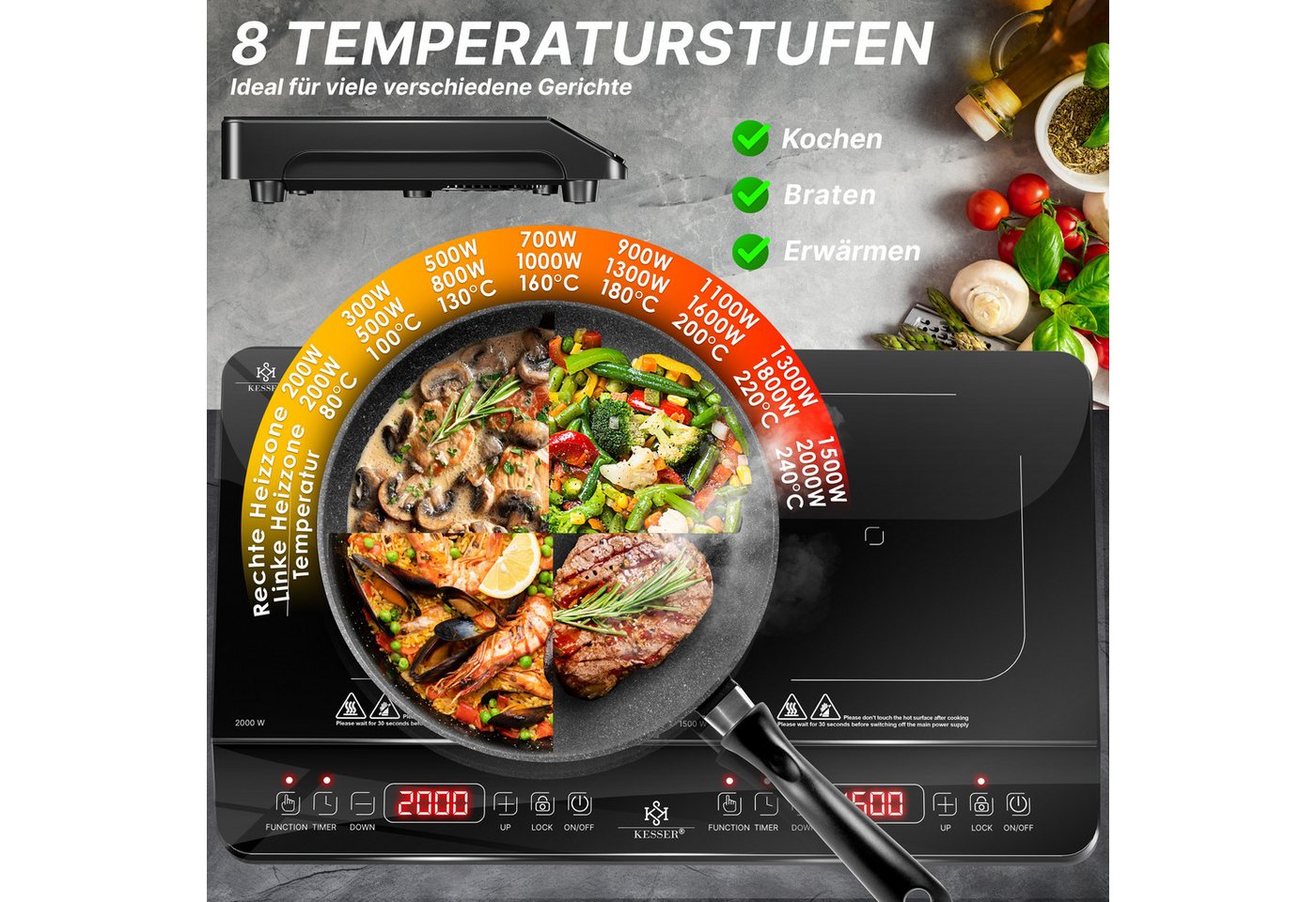 KESSER Einzelkochplatte Induktionskochplatte mit 8 Heizstufen 3x Mikrofasertücher & Rezeptbuch, tragbare Kochplatte 57cm mit Timer, Touch-Steuerung, Booster 220-240V Bild 4