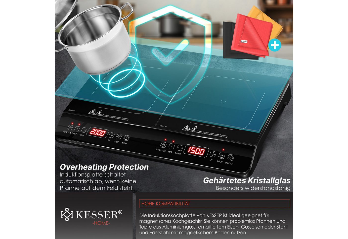 KESSER Einzelkochplatte Induktionskochplatte mit 8 Heizstufen 3x Mikrofasertücher & Rezeptbuch, tragbare Kochplatte 57cm mit Timer, Touch-Steuerung, Booster 220-240V Bild 5