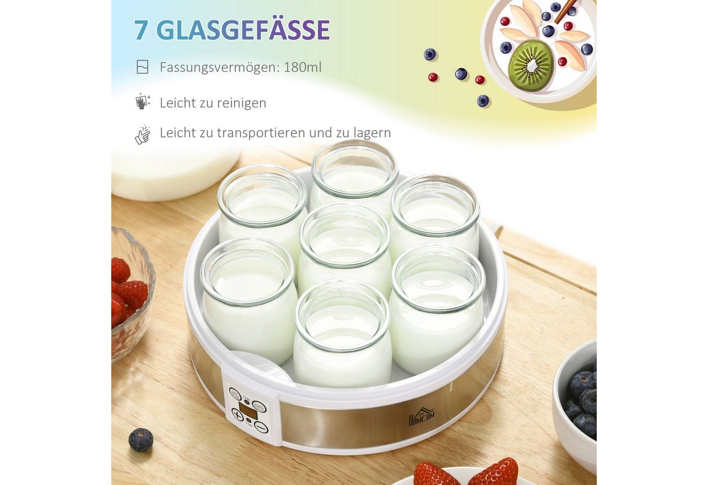 HOMCOM Joghurtbereiter Joghurtmaschine mit Timer, Joghurt-Maker mit Temperatur-Einstellung, 7 Portionsbehälter, je 180 ml, 7 Gläser à 180 ml, automatischer Abschaltung, 20 W, Weiß