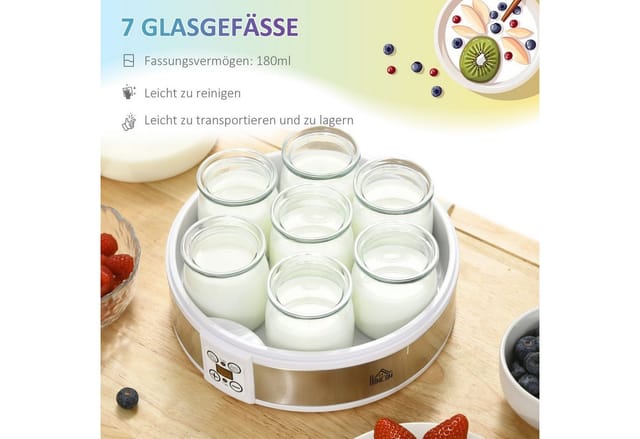 HOMCOM Joghurtbereiter Joghurtmaschine mit Timer, Joghurt-Maker mit Temperatur-Einstellung, 7 Portionsbehälter, je 180 ml, 7 Gläser à 180 ml, automatischer Abschaltung, 20 W, Weiß