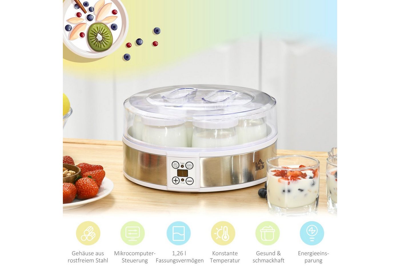 HOMCOM Joghurtbereiter Joghurtmaschine mit Timer, Joghurt-Maker mit Temperatur-Einstellung, 7 Portionsbehälter, je 180 ml, 7 Gläser à 180 ml, automatischer Abschaltung, 20 W, Weiß Bild 3
