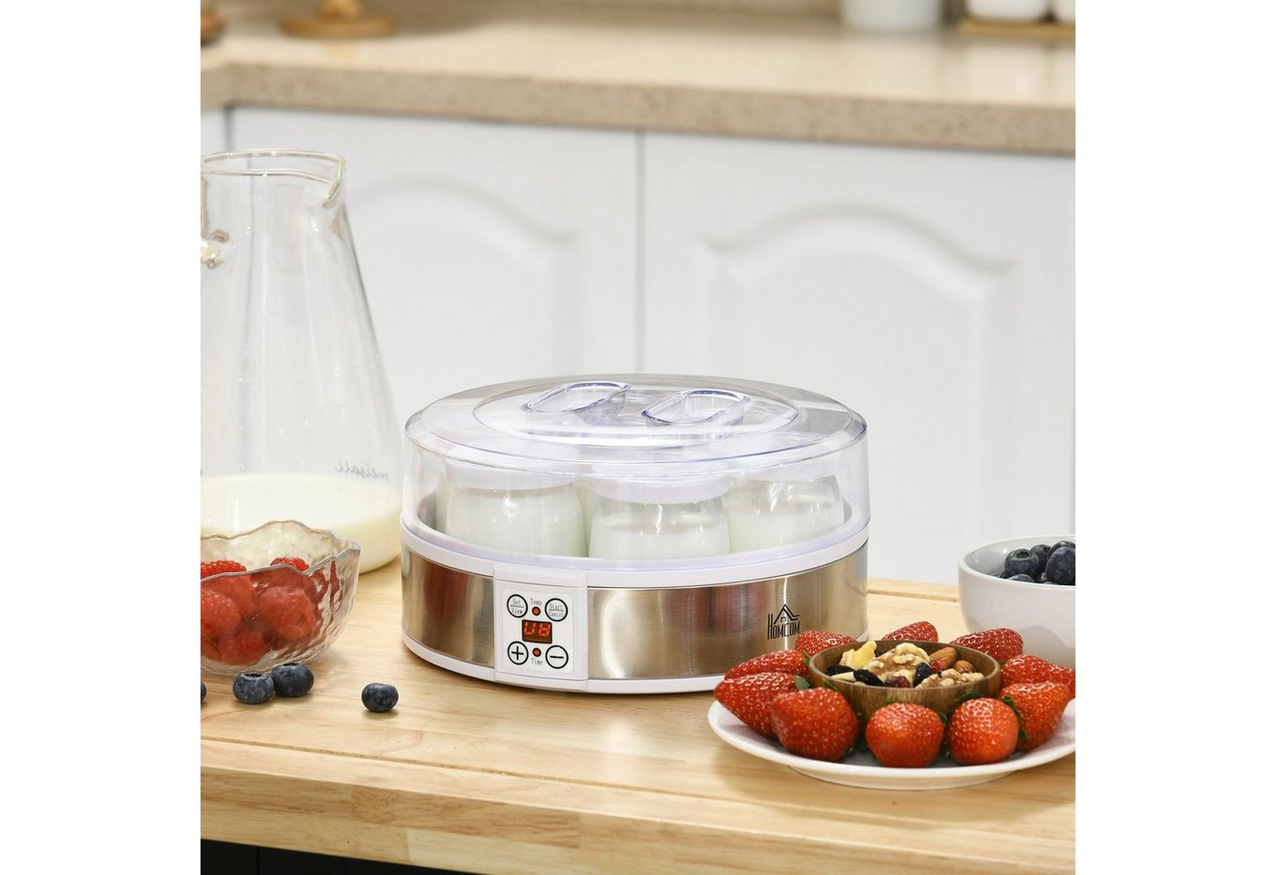 HOMCOM Joghurtbereiter Joghurtmaschine mit Timer, Joghurt-Maker mit Temperatur-Einstellung, 7 Portionsbehälter, je 180 ml, 7 Gläser à 180 ml, automatischer Abschaltung, 20 W, Weiß Bild 5