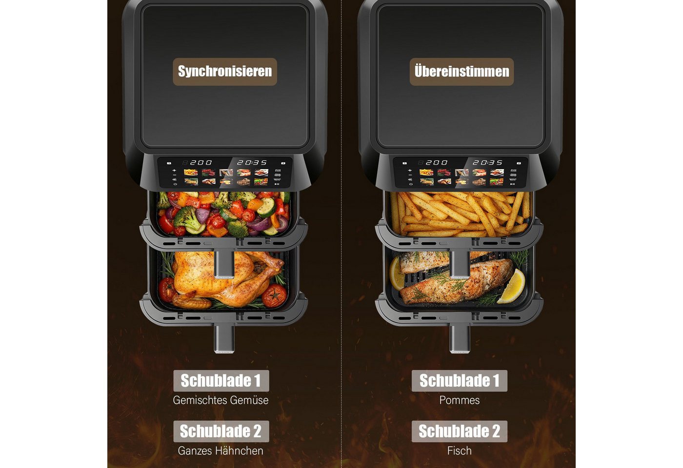 oyajia Heißluftfritteuse Airfryer XXL Dual Zone, 2 vertikale Schubladen, 10 Kochfunktionen, 2600,00 W, Heißluftfritteuse, 32% platzsparender, Sync und Match-Funktion Bild 3