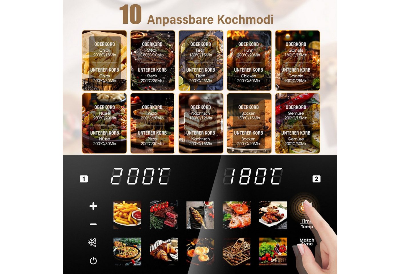 oyajia Heißluftfritteuse Airfryer XXL Dual Zone, 2 vertikale Schubladen, 10 Kochfunktionen, 2600,00 W, Heißluftfritteuse, 32% platzsparender, Sync und Match-Funktion Bild 4