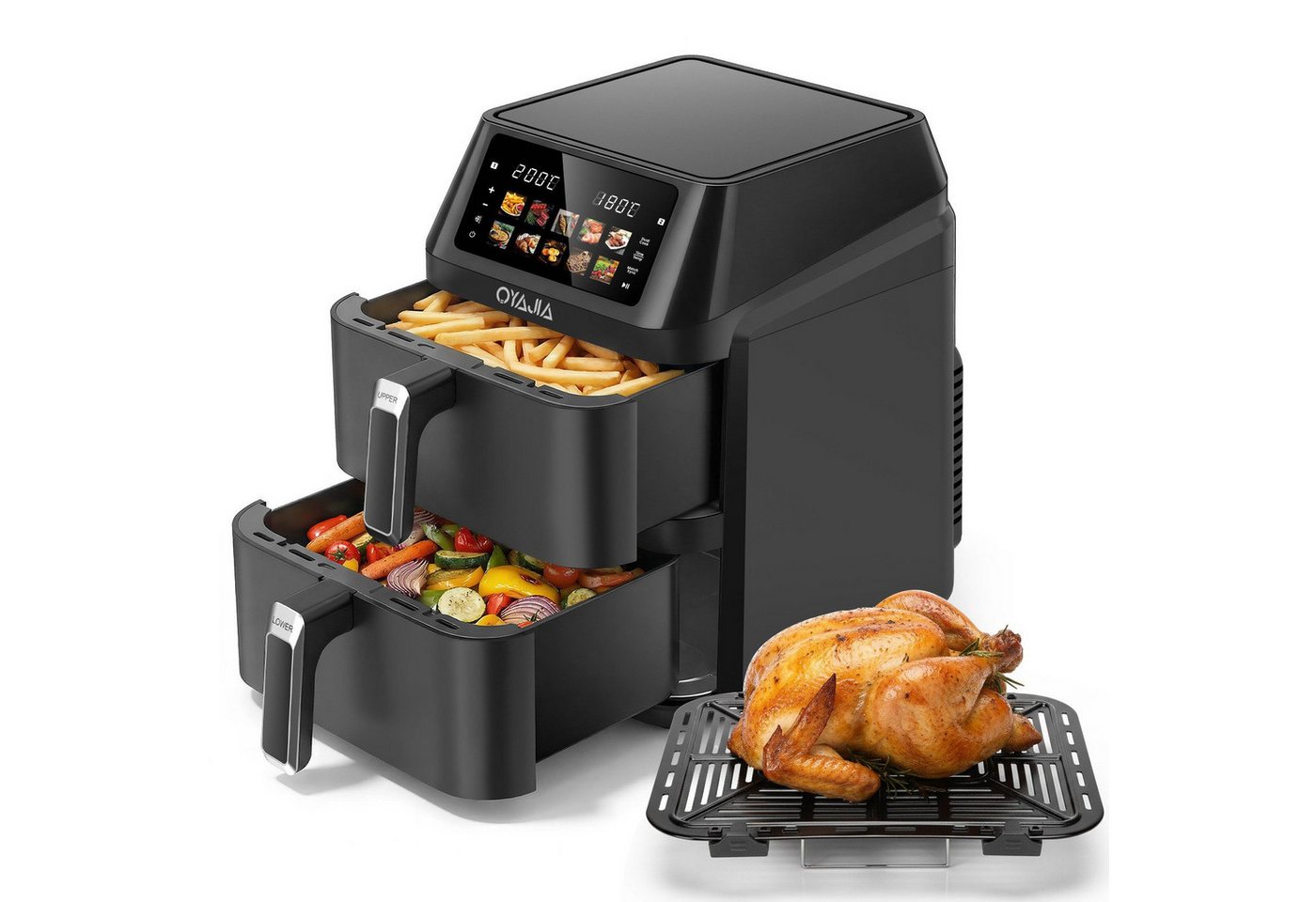 oyajia Heißluftfritteuse Airfryer XXL Dual Zone, 2 vertikale Schubladen, 10 Kochfunktionen, 2600,00 W, Heißluftfritteuse, 32% platzsparender, Sync und Match-Funktion Bild 5