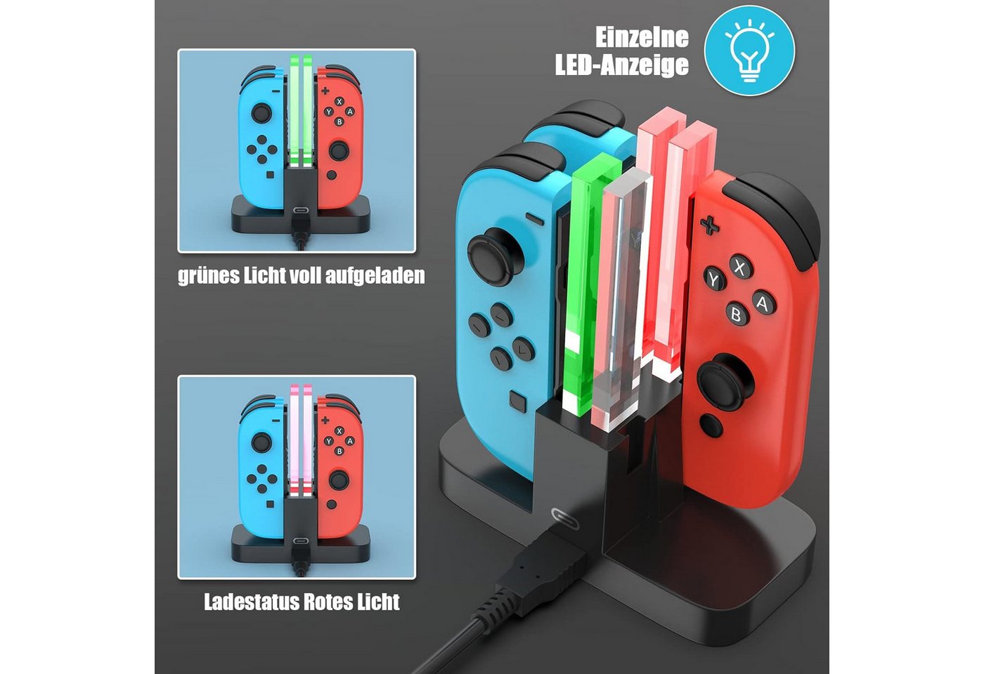 ibettertec Ladestation für Nintendo Switch 4 in 1 Joy-Con Controller Induktions-Ladegerät (Controller-Ladestation, Joy-Con Ladegerät Typ-C Kabel, mit individueller LED-Anzeige, Controller Ladestation Kompatibel mit JoyCons)