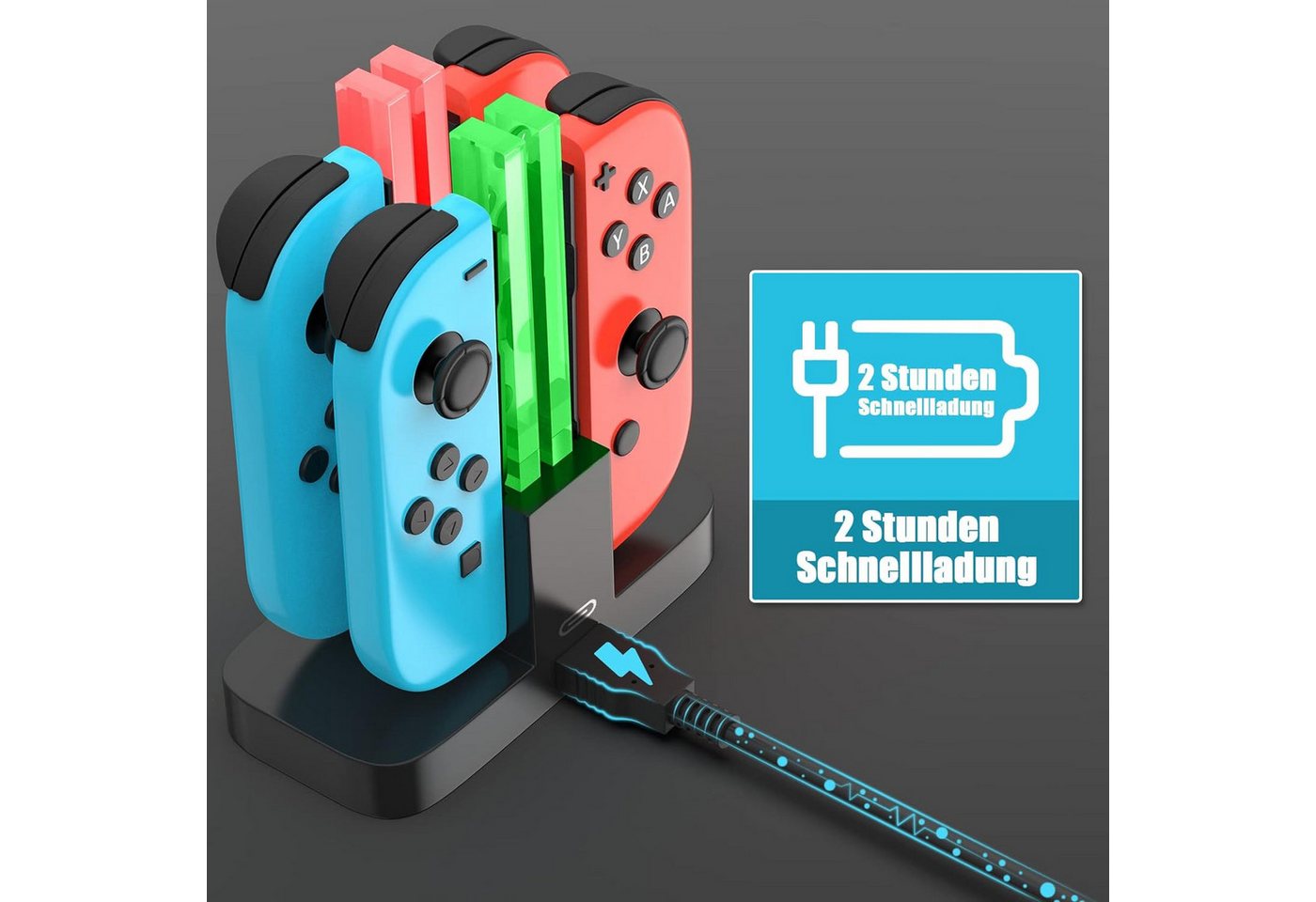 ibettertec Ladestation für Nintendo Switch 4 in 1 Joy-Con Controller Induktions-Ladegerät (Controller-Ladestation, Joy-Con Ladegerät Typ-C Kabel, mit individueller LED-Anzeige, Controller Ladestation Kompatibel mit JoyCons) Bild 2