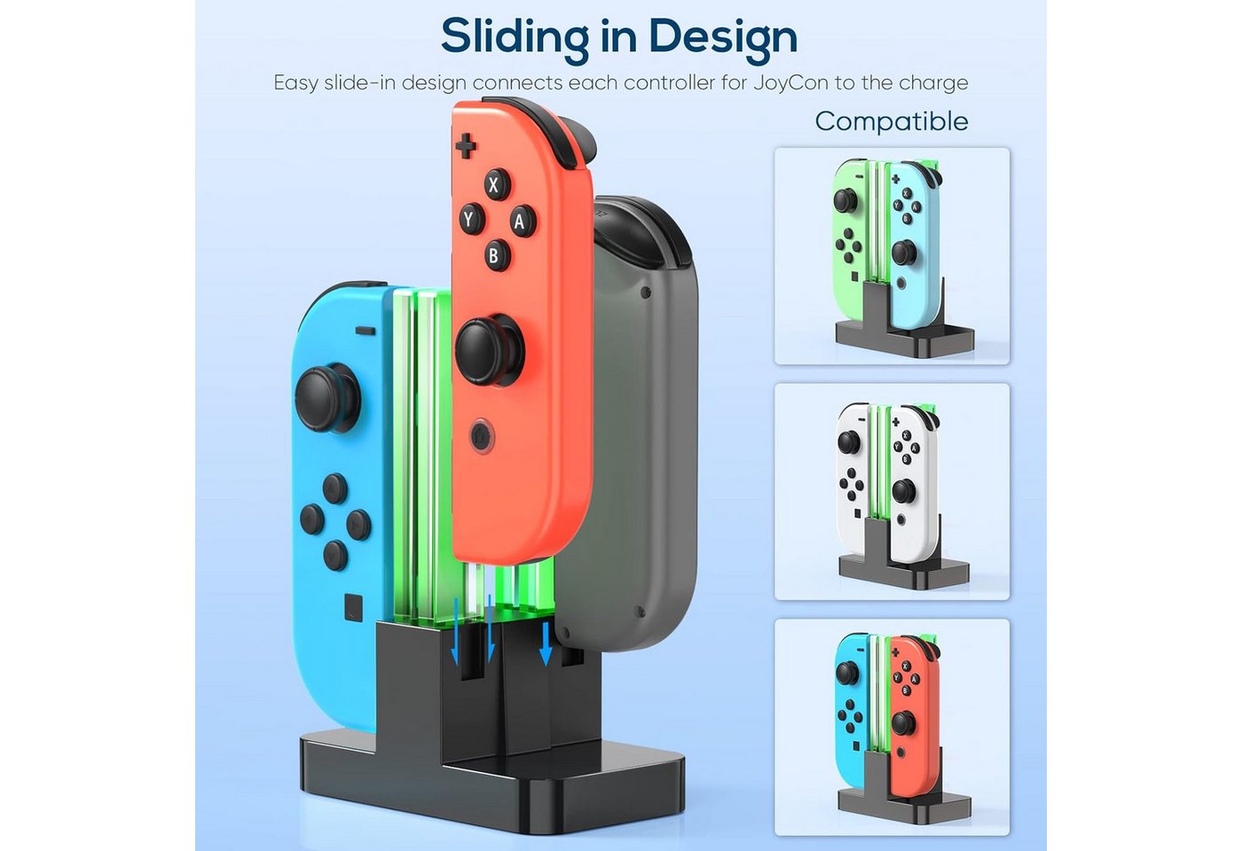 ibettertec Ladestation für Nintendo Switch 4 in 1 Joy-Con Controller Induktions-Ladegerät (Controller-Ladestation, Joy-Con Ladegerät Typ-C Kabel, mit individueller LED-Anzeige, Controller Ladestation Kompatibel mit JoyCons) Bild 3
