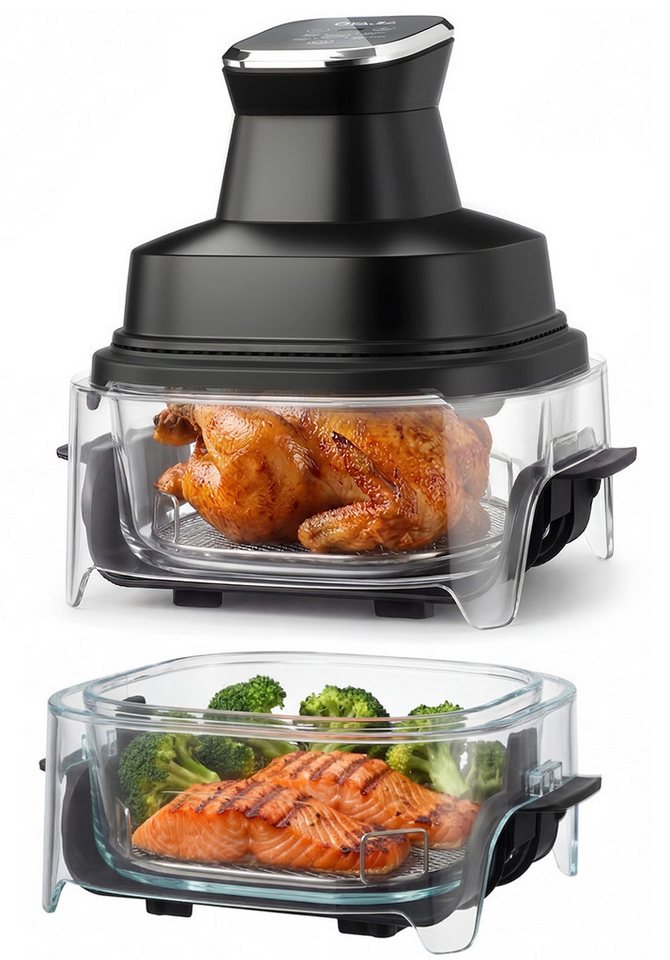 oyajia Heißluftfritteuse 1800W airfryer mit 360° Sichtfenster & 4 Programme, Ohne Öl,Dual-Kapazitätsdesign mit 4 L + 4 L,Abnehmbares Design, 1800 W, 3D-Heißluft-Umwälzung, spülmaschinengeeignet