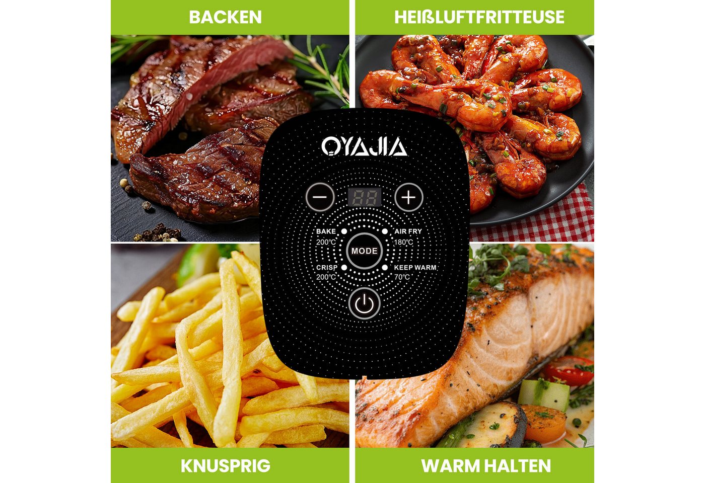 oyajia Heißluftfritteuse 1800W airfryer mit 360° Sichtfenster & 4 Programme, Ohne Öl,Dual-Kapazitätsdesign mit 4 L + 4 L,Abnehmbares Design, 1800 W, 3D-Heißluft-Umwälzung, spülmaschinengeeignet Bild 3