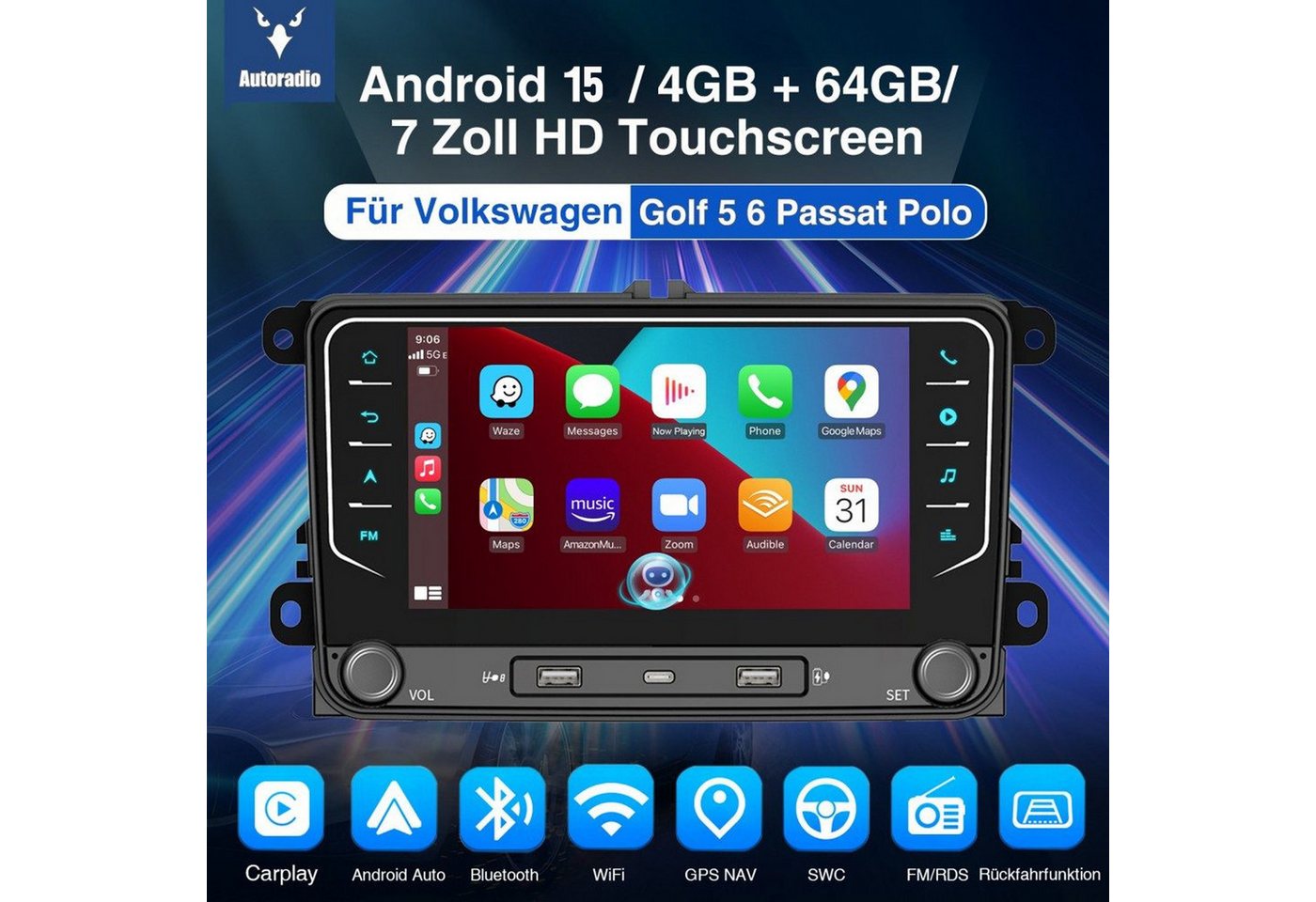 ESSGOO Android 15 Für VW GOLF 5 6 Touran EOS Tiguan Polo 6R Passat Caddy 2DIN Autoradio (RDS, 2DIN, 4+64G(optional), DAB (optional), FM, DAB+ (optional), Carplay Android Auto DAB (optional), RDS, FM, 4+64GB, SWC, GPS NAVI) Bild 2