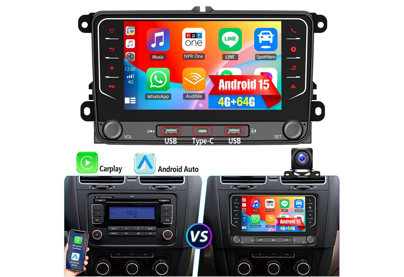 ESSGOO Android 15 Für VW GOLF 5 6 Touran EOS Tiguan Polo 6R Passat Caddy 2DIN Autoradio (RDS, 2DIN, 4+64G(optional), DAB (optional), FM, DAB+ (optional), Carplay Android Auto DAB (optional), RDS, FM, 4+64GB, SWC, GPS NAVI) Bild 4