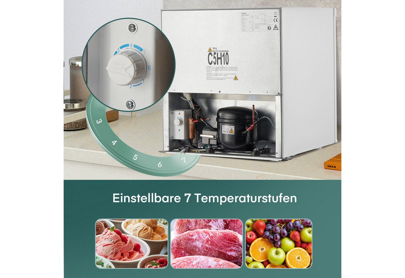 FOHERE Gefrierschrank BD-32, 49.8 cm hoch, 47.3 cm breit, Türanschlag, verstellbare Füße und herausnehmbare Einlegeböden Bild 5