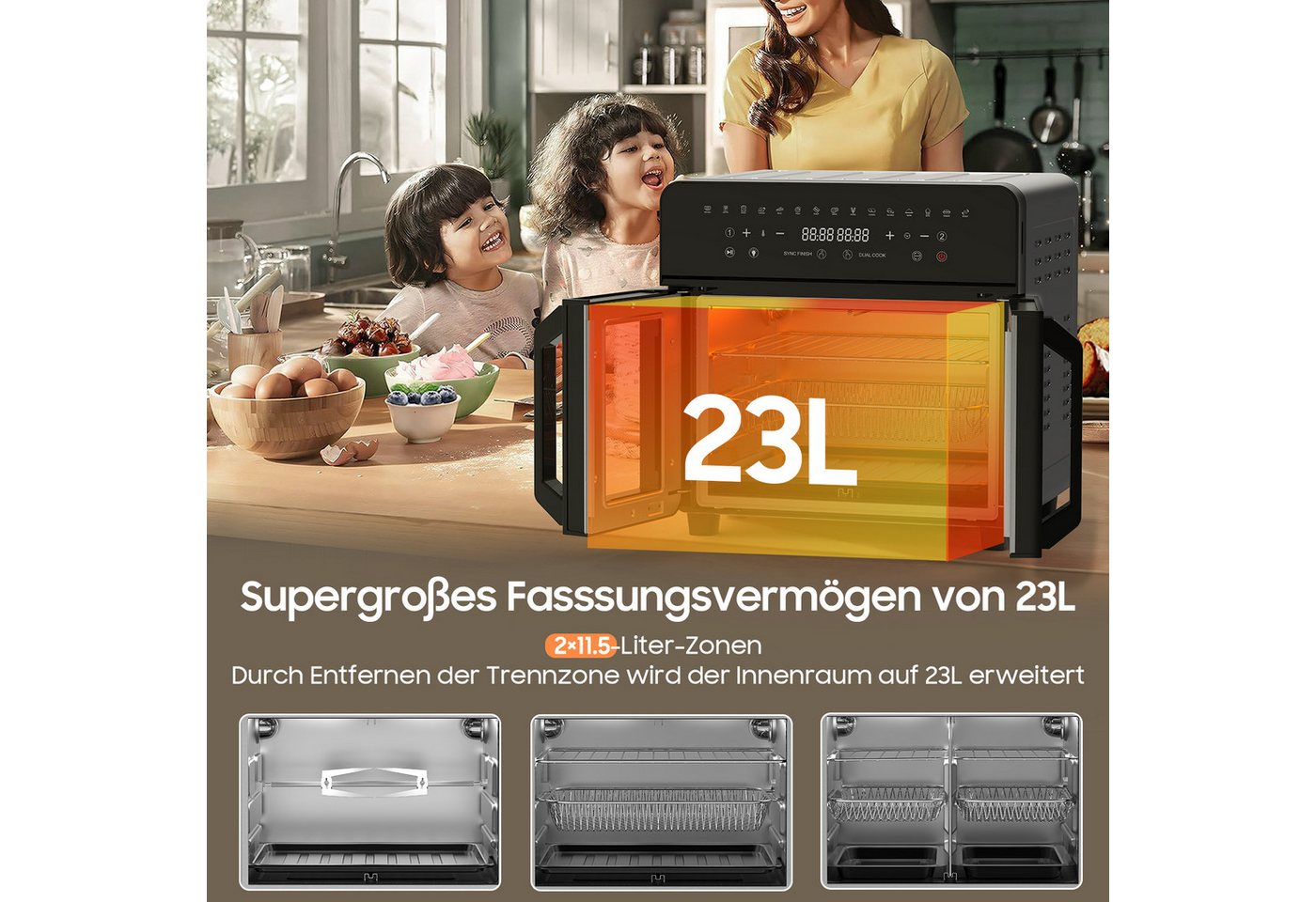 AIMAX Heißluftfritteuse XXL 23L mit Doppeltür & Sichtfenster, Airfryer Dual-Zone, 2200 W, 15 Programme, Touchscreen, Trennwand abnehmbar, Grill & Backen