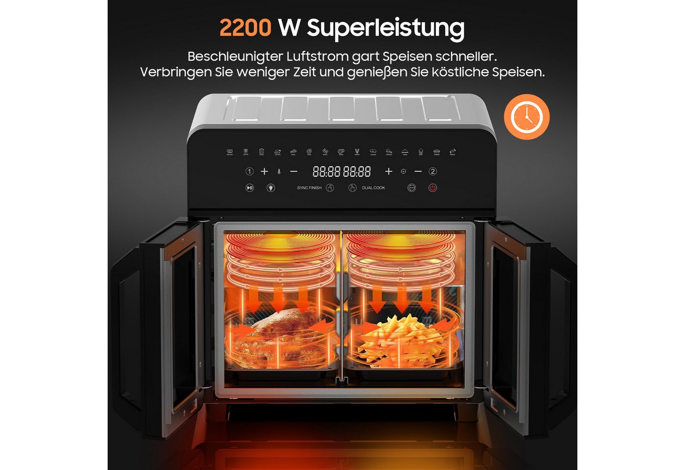 AIMAX Heißluftfritteuse XXL 23L mit Doppeltür & Sichtfenster, Airfryer Dual-Zone, 2200 W, 15 Programme, Touchscreen, Trennwand abnehmbar, Grill & Backen Bild 2