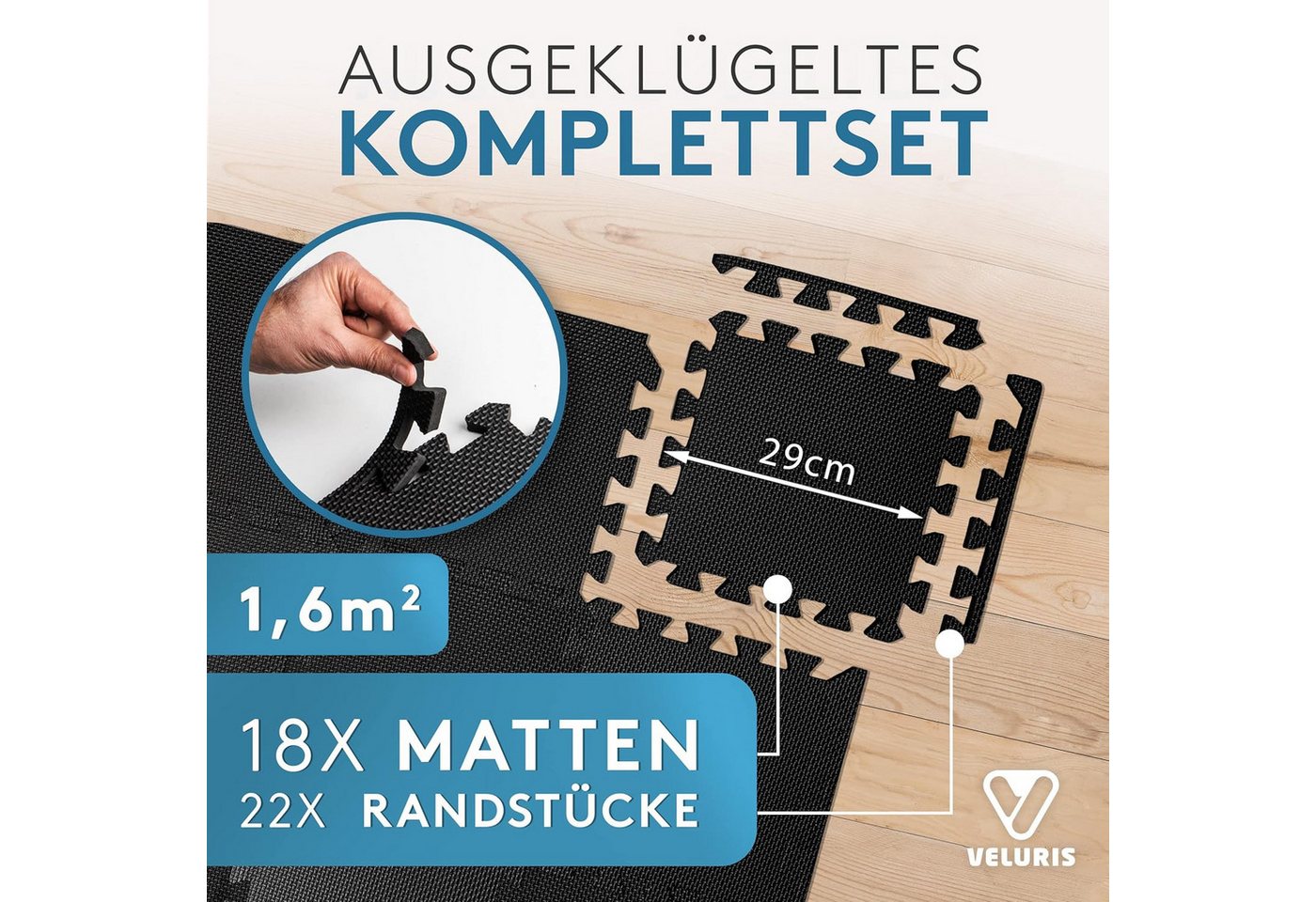 Veluris Bodenmatte Fitness – Steck-Puzzlematten Set 18-tlg. für Fitnessgeräte 31x31 cm (18 Stück), 20% extra dick, rutschfest, feuchtigkeitsabweisend, inkl. Randstücke