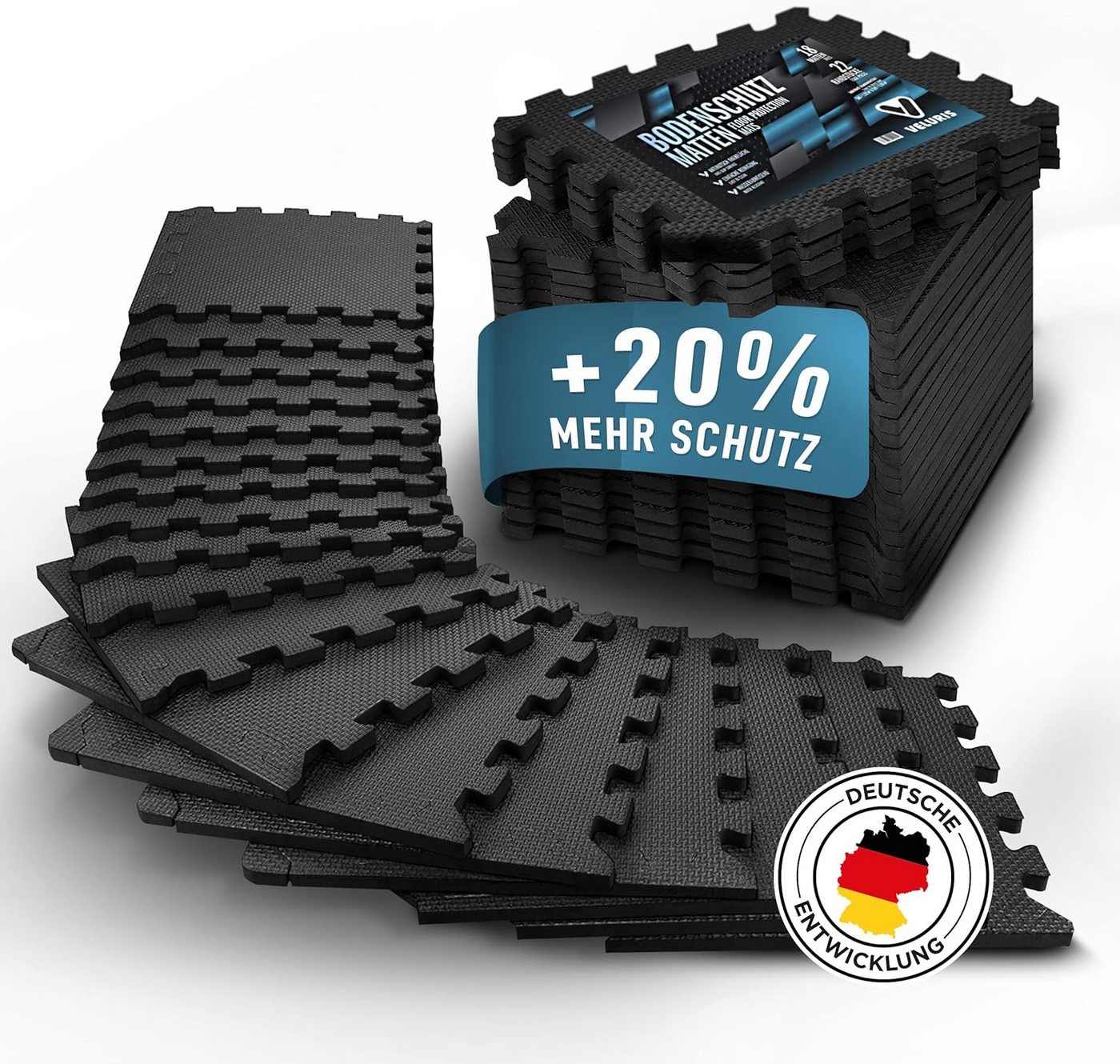 Veluris Bodenmatte Fitness – Steck-Puzzlematten Set 18-tlg. für Fitnessgeräte 31x31 cm (18 Stück), 20% extra dick, rutschfest, feuchtigkeitsabweisend, inkl. Randstücke Bild 2